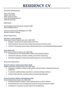 The first page of an internal medicine residency CV.