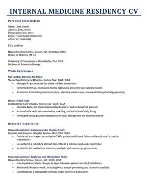 The first page of an internal medicine residency CV.