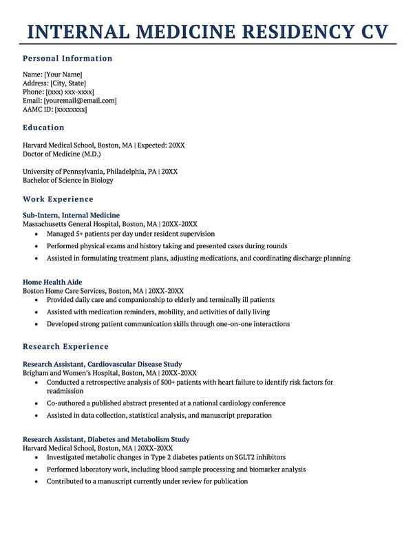 The first page of an internal medicine residency CV.