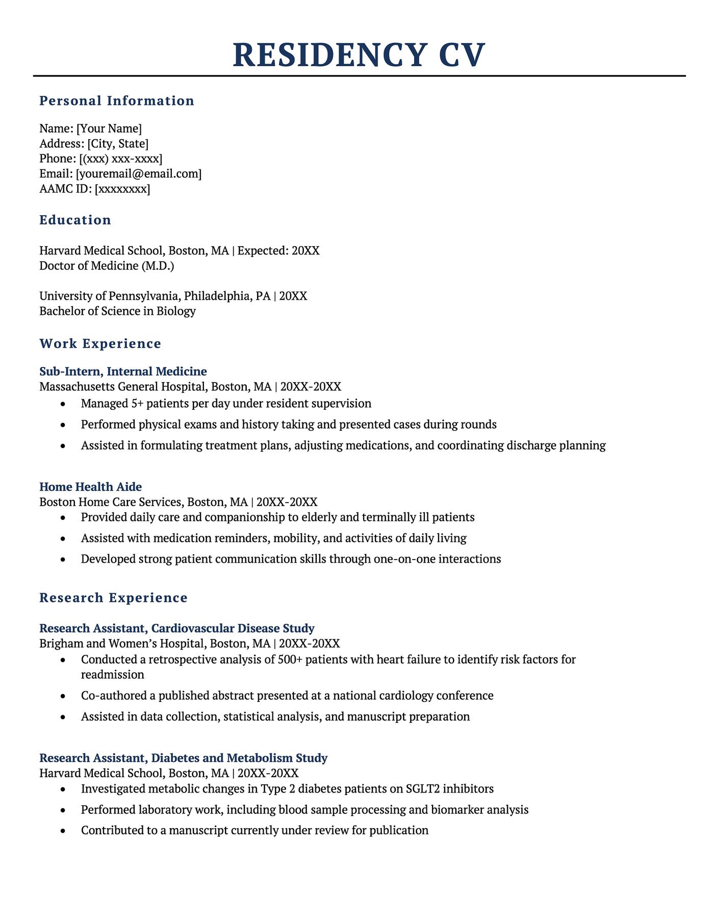 The first page of a residency CV example.