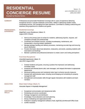 Example of a residential concierge resume
