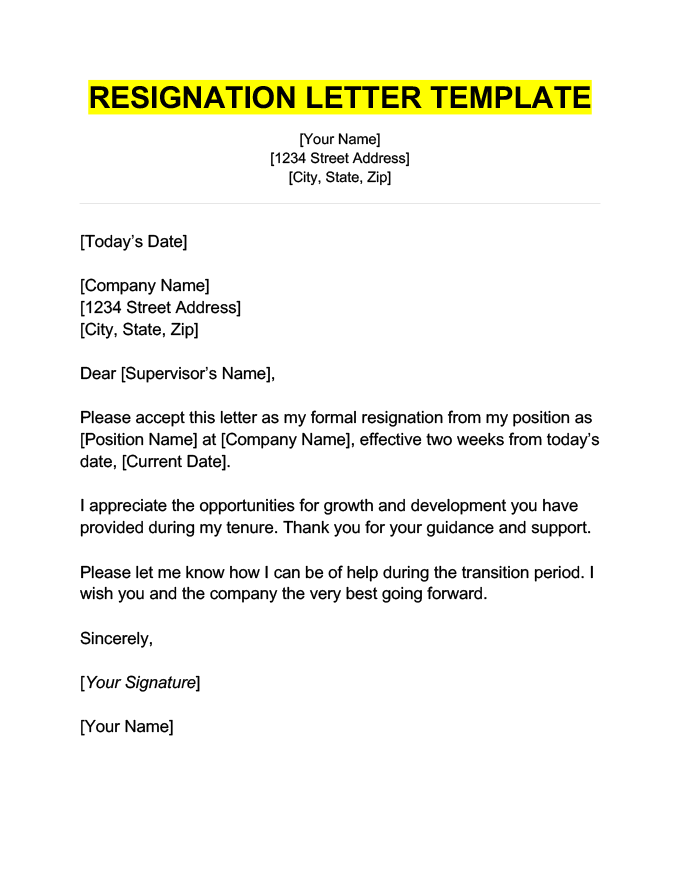 A simple, professional resignation letter template with a header in bold text and highlighted yellow, followed by content with templated information in brackets.