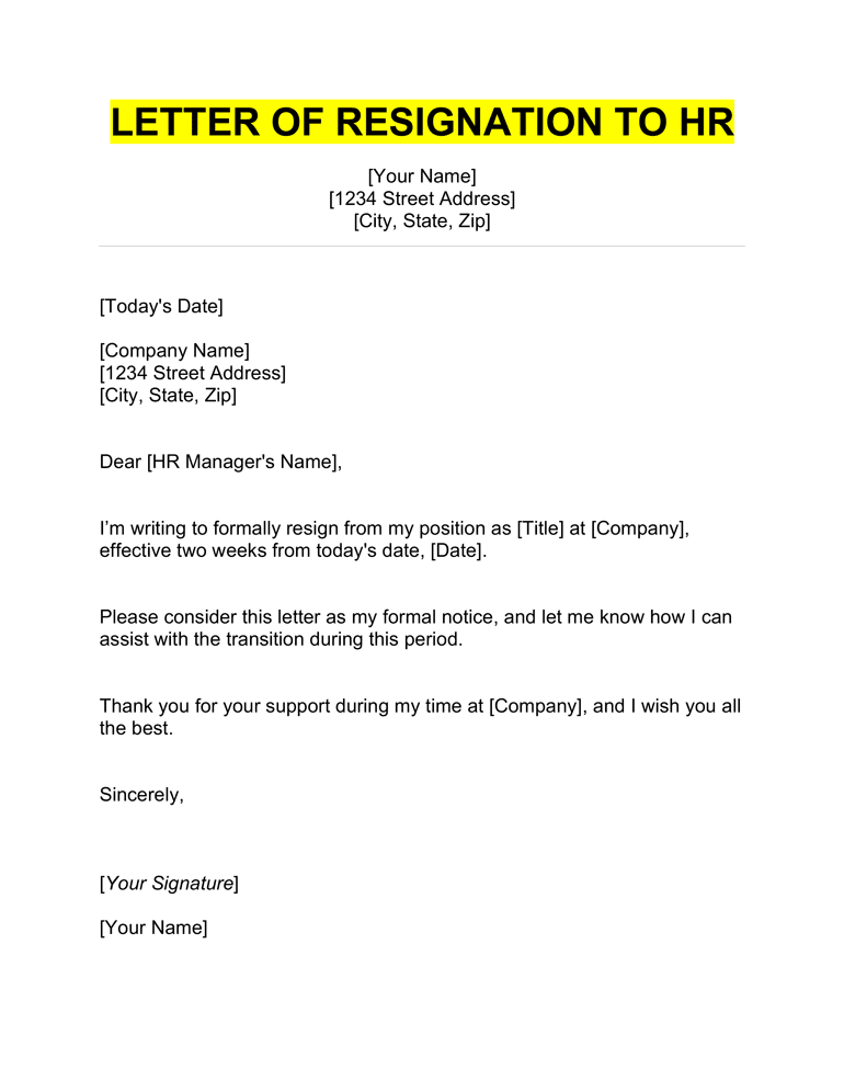 Example of a resignation letter you can send to the HR department.