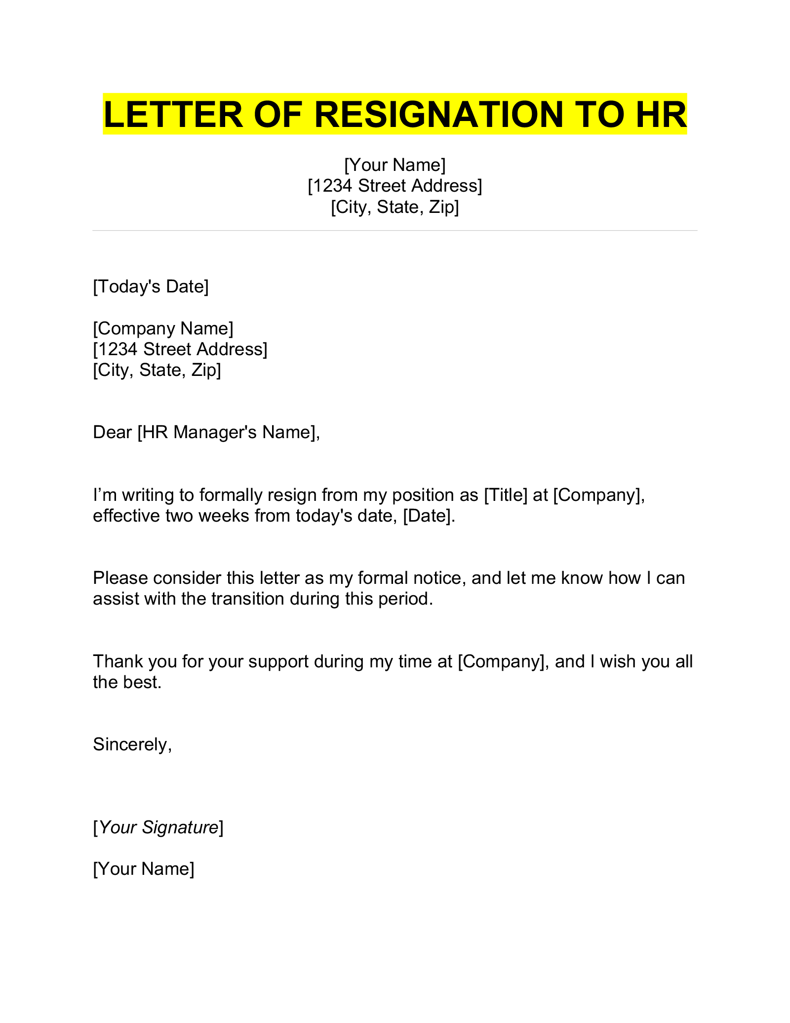 resignation letter sample 2 weeks notice