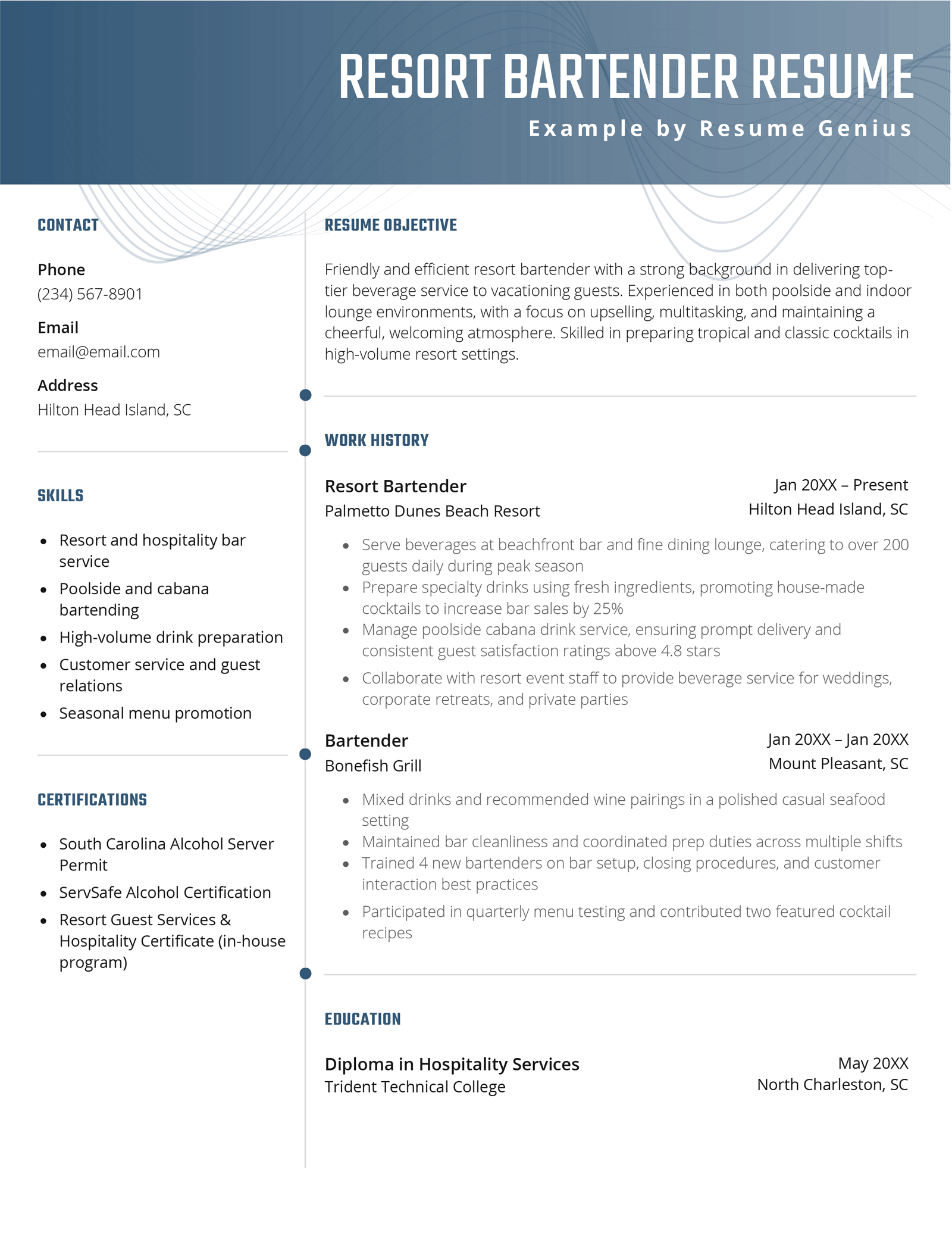 A resort bartender resume example.