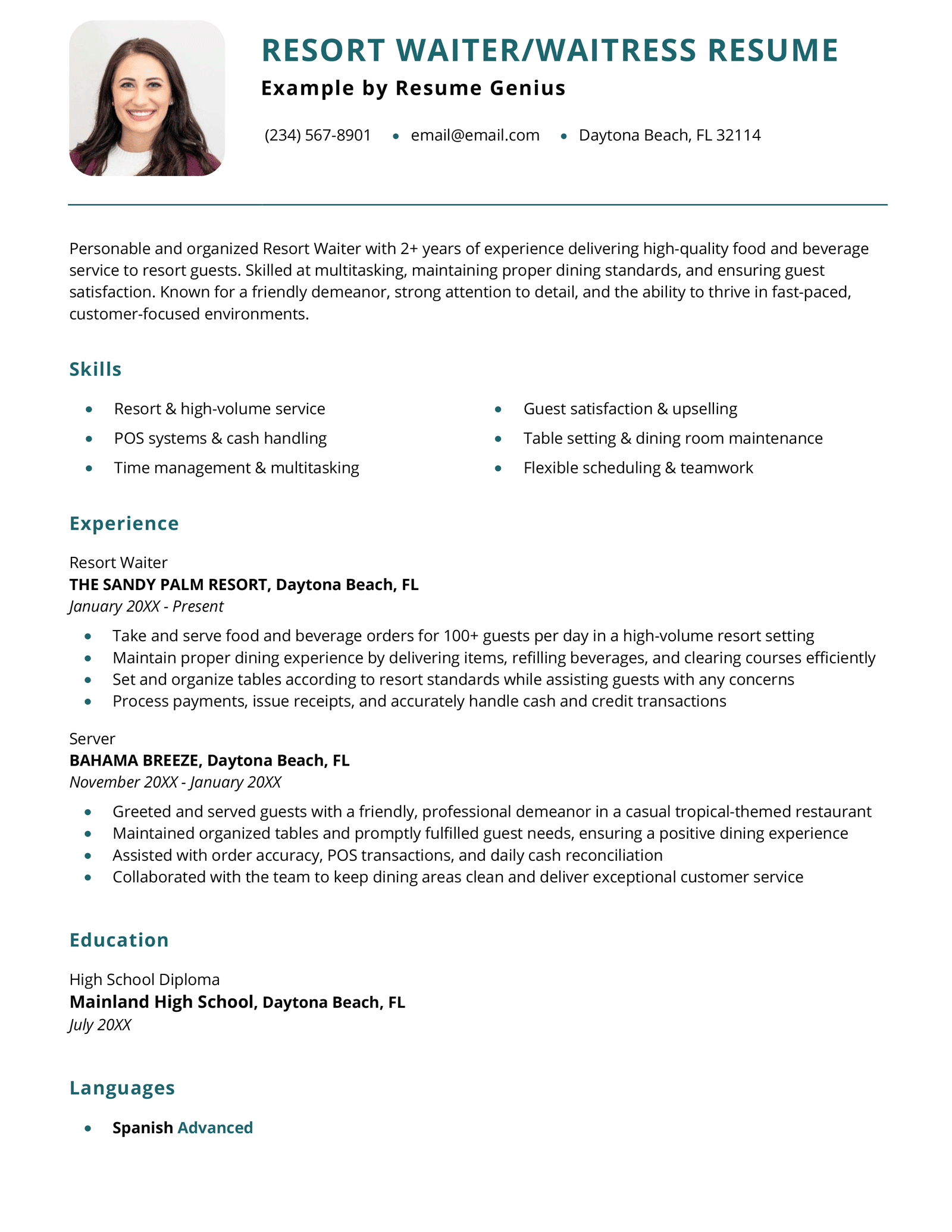 A resort waiter/waitress resume example.