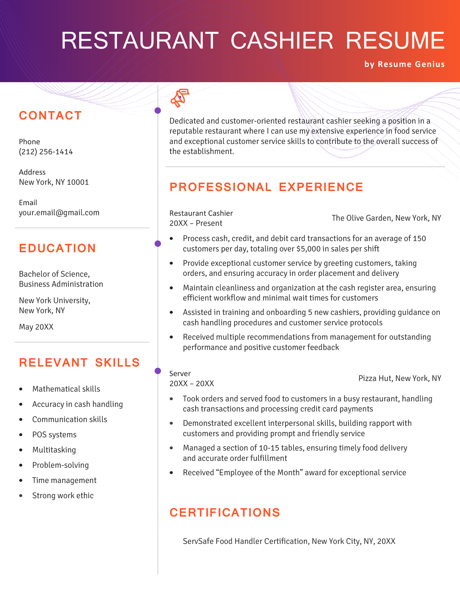 Example image of a restaurant cashier resume with a bright purple and orange header.