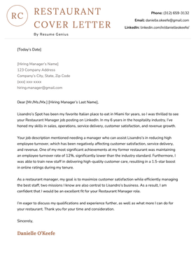 A sample restaurant cover letter for a restaurant manager position on a simple template with orange text accents
