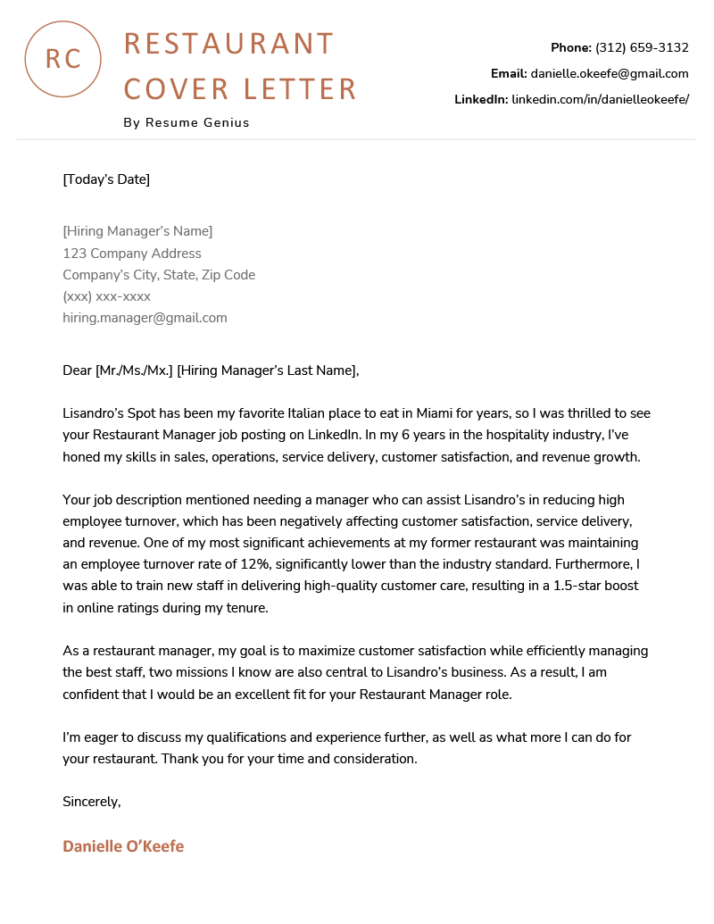 A sample restaurant cover letter for a restaurant manager position on a simple template with orange text accents
