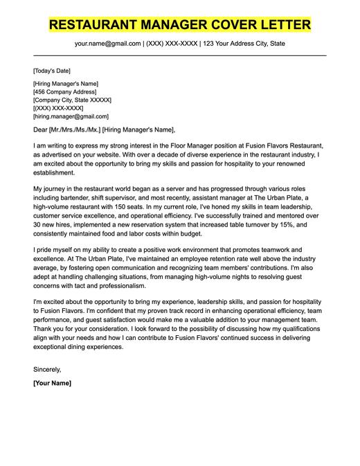 An example cover letter for a restaurant floor manager job.