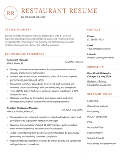 An example of a resume for a restaurant job