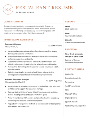 An example of a resume for a restaurant job
