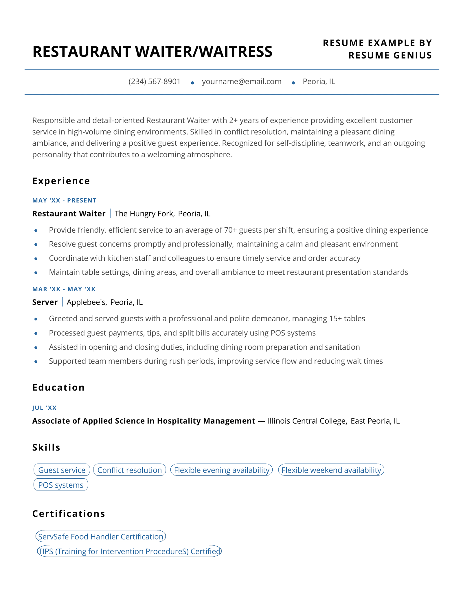 A restaurant waiter/waitress resume example.