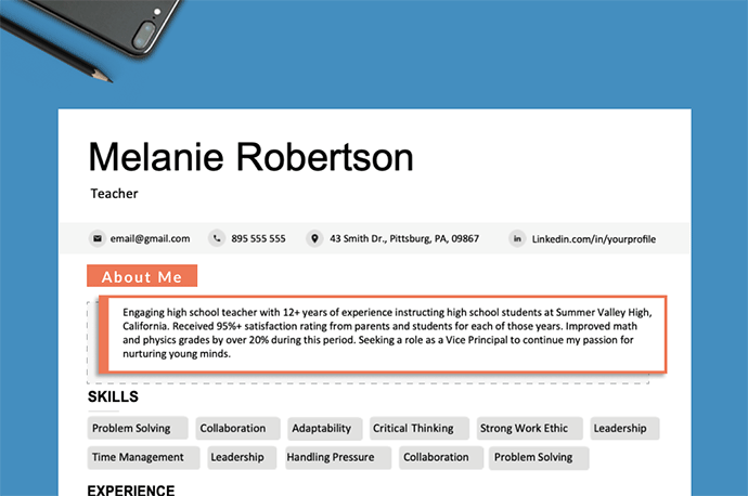 An "About Me" section on a resume