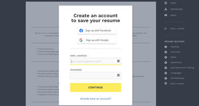 image of Resume Now's account prompt in the resume builder