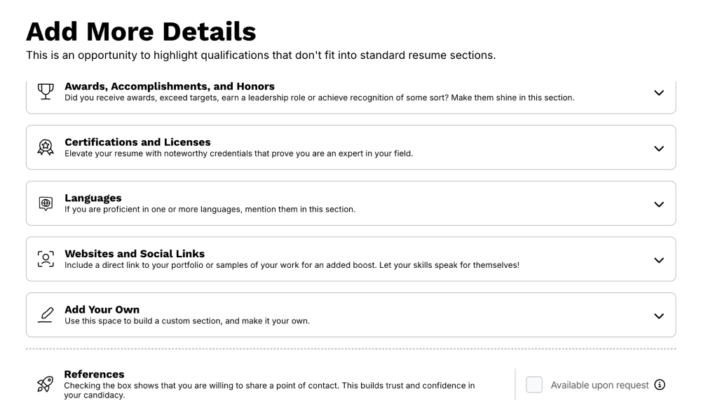 an image of Resume Now's additional section in the resume builder