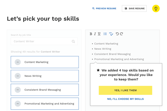 an image of Resume Now's skills section in the resume builder