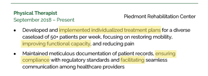 An example from the experience section of a resume using good resume buzz words