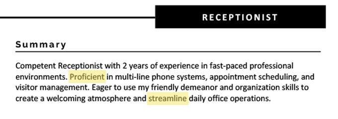 An example of a receptionist resume summary using good resume buzzwords