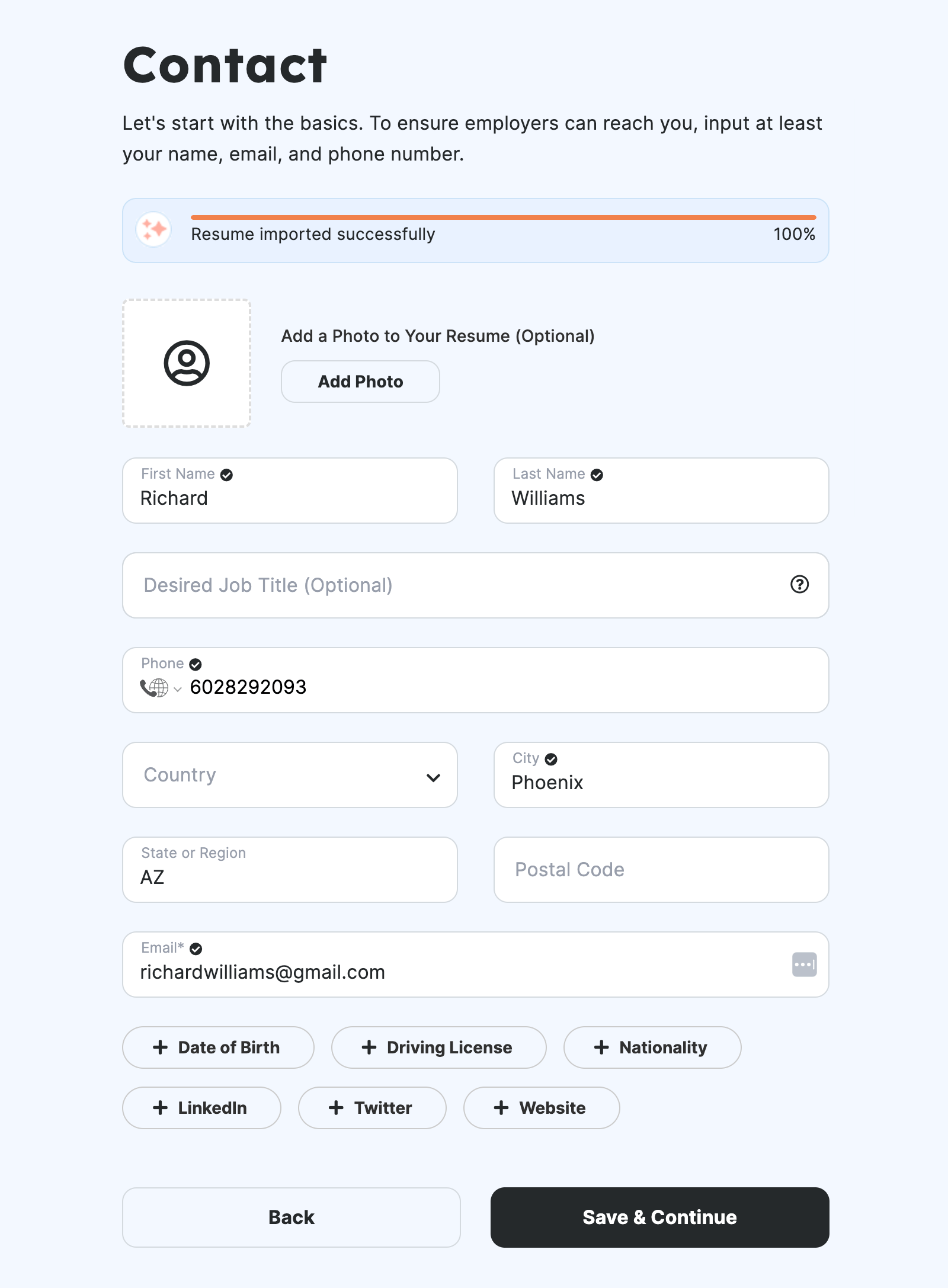 The second step of the resume checker, asking you to confirm your contact information.