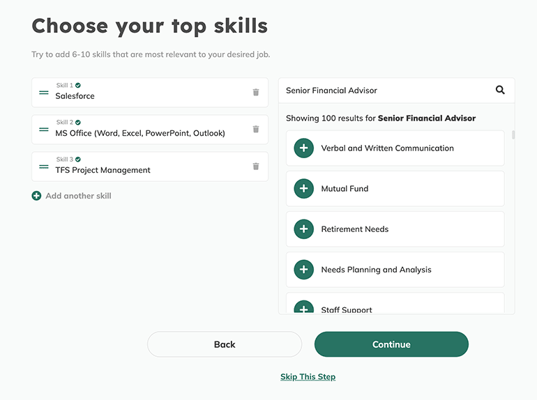 The third step in the resume checker, providing industry-related skill and keyword suggestions.
