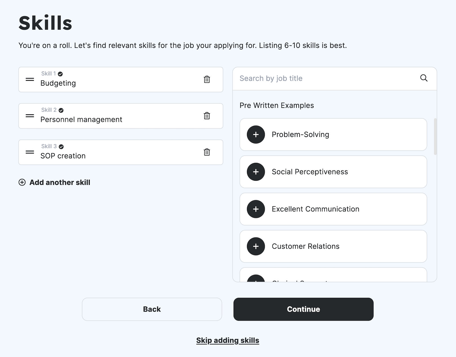 The third step in the resume checker, providing industry-related skill and keyword suggestions.