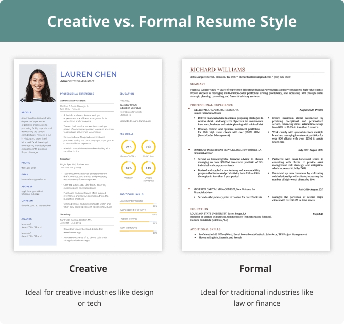 A graphic comparing a creative resume featuring graphics and a headshot to a formal resume with simple lines and serif text