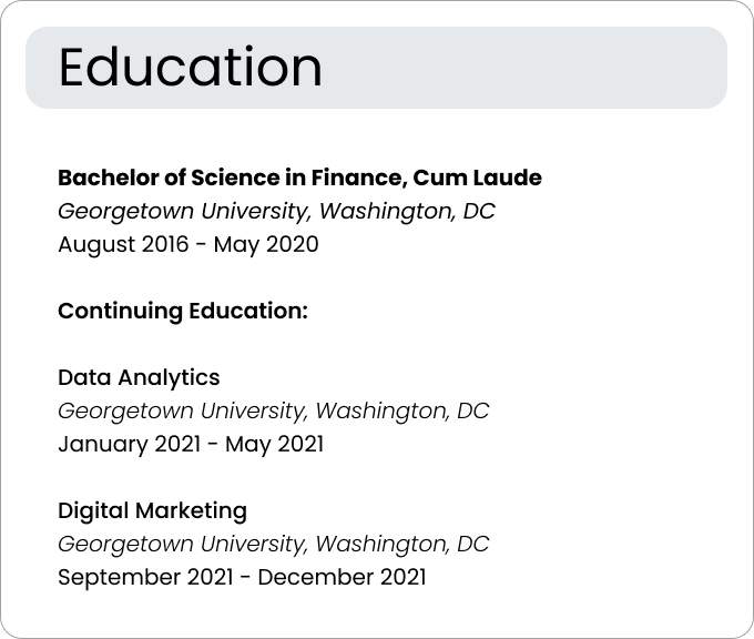 Example of a resume education section that includes continuing education courses. 