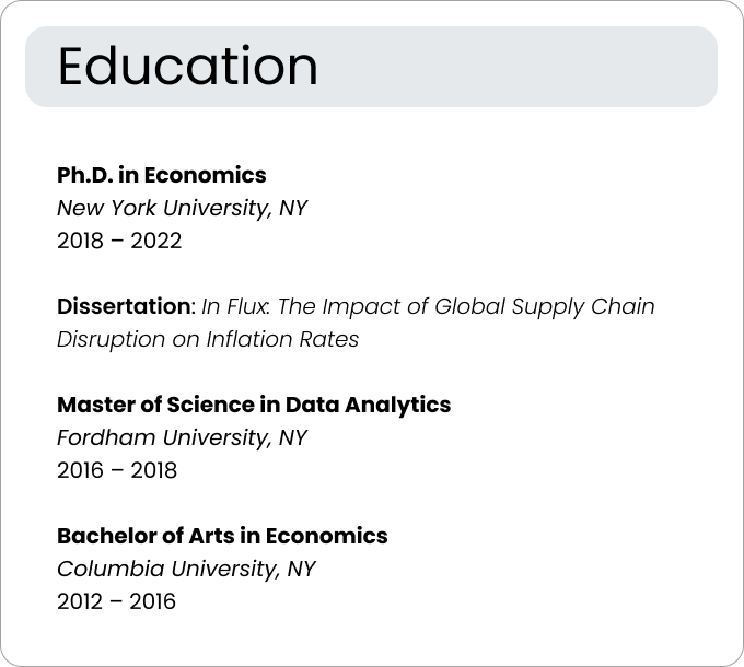Example of a resume education section that includes a PhD.