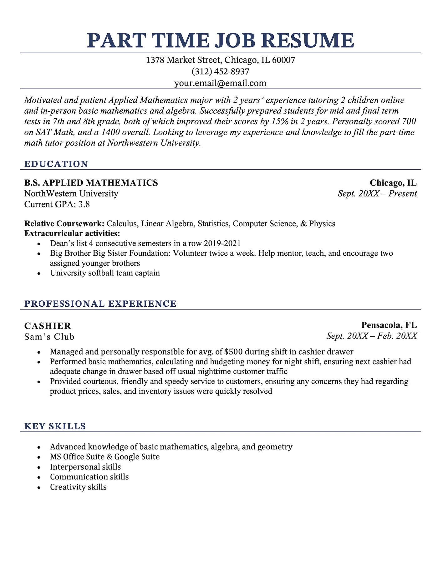 A resume example for a part-time job.