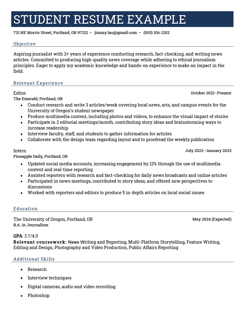 A resume example for a student majoring in journalism