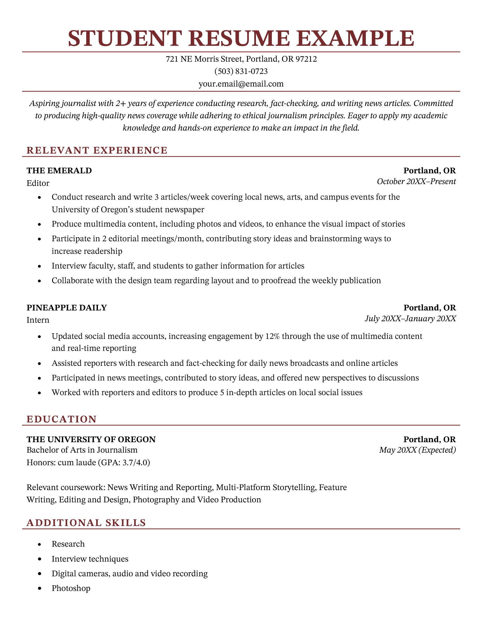 sample student resume objective