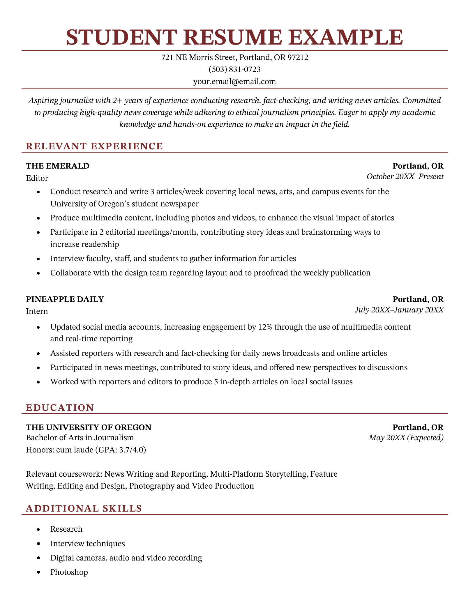 A resume example for a student majoring in journalism