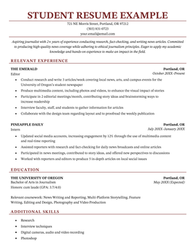 A resume example for a student majoring in journalism