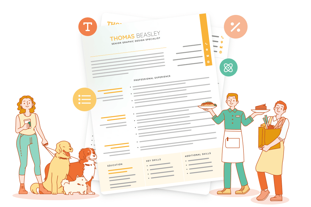 Two resume examples featured with illustrations of people performing various jobs like dog walking and waiting tables.