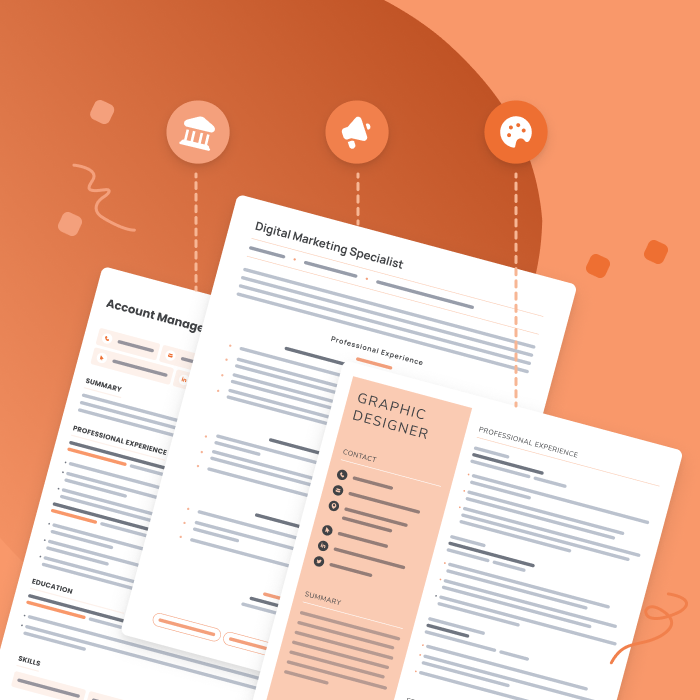 Three resumes with orange color schemes on a orange background, representing the various resume examples we offer.
