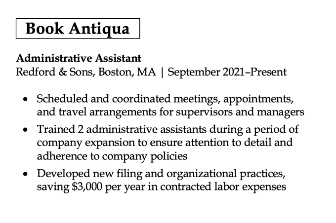 An excerpt from a resume work experience section using the font book antiqua