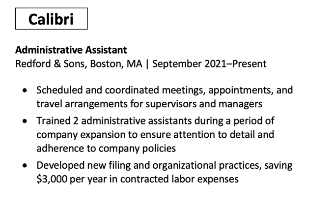 An excerpt from a resume work experience section using the font calibri