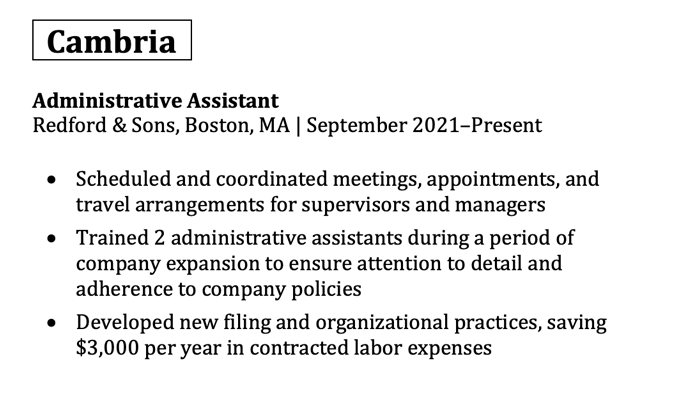 An excerpt from a resume work experience section using the font cambria