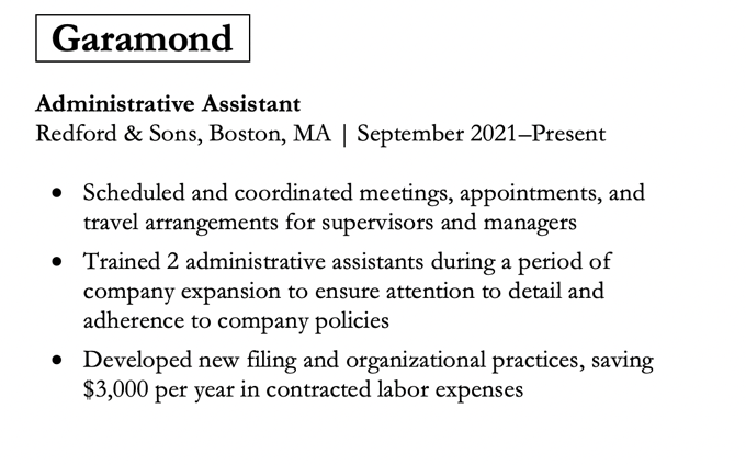 An excerpt from a resume work experience section using the font garamond