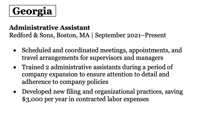An excerpt from a resume work experience section using the font georgia