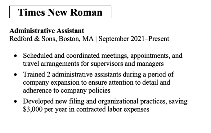 An excerpt from a resume work experience section using the font times new roman