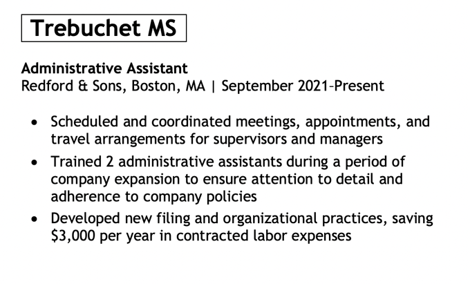 An excerpt from a resume work experience section using the font trebuchet MS