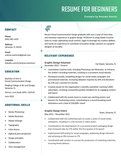 A resume for beginners on a template with a green header written by an applicant for an entry-level graphic design role.