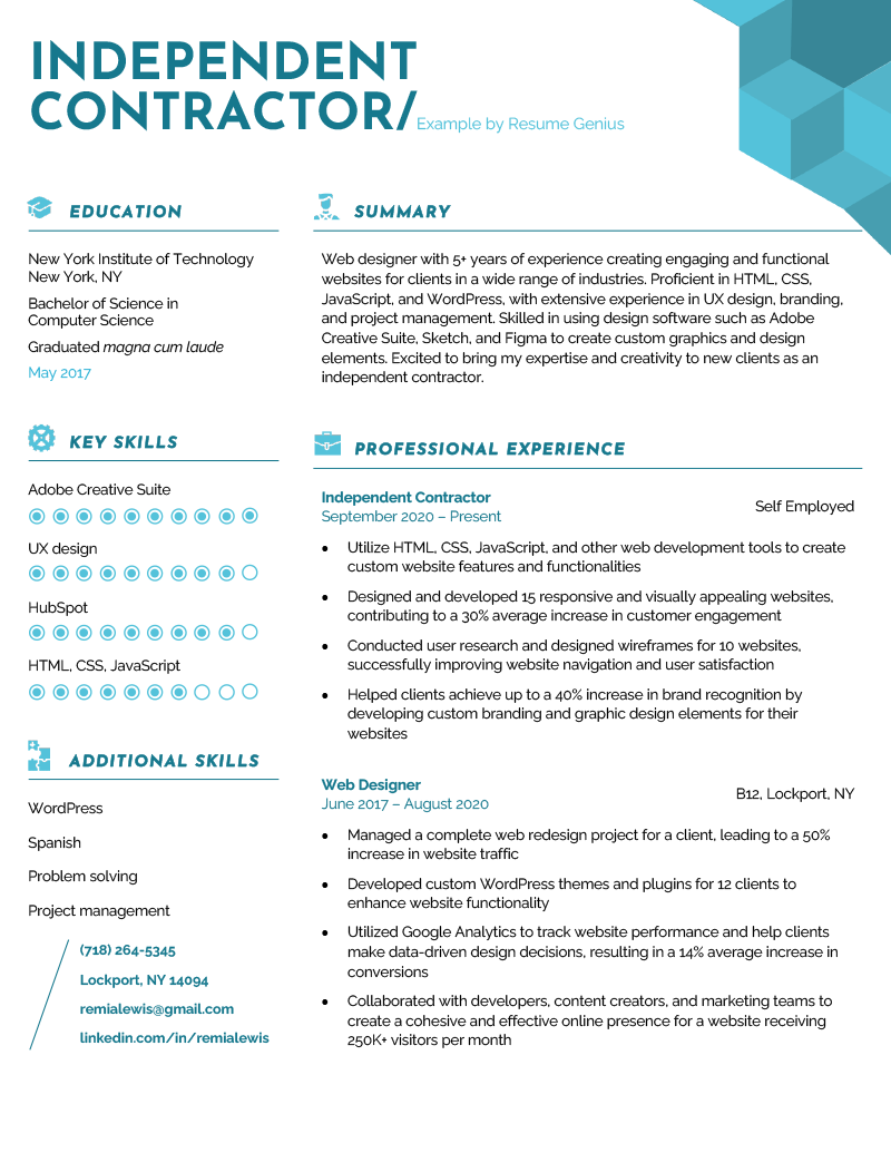 A resume example for a web designer applying for an independent contractor job