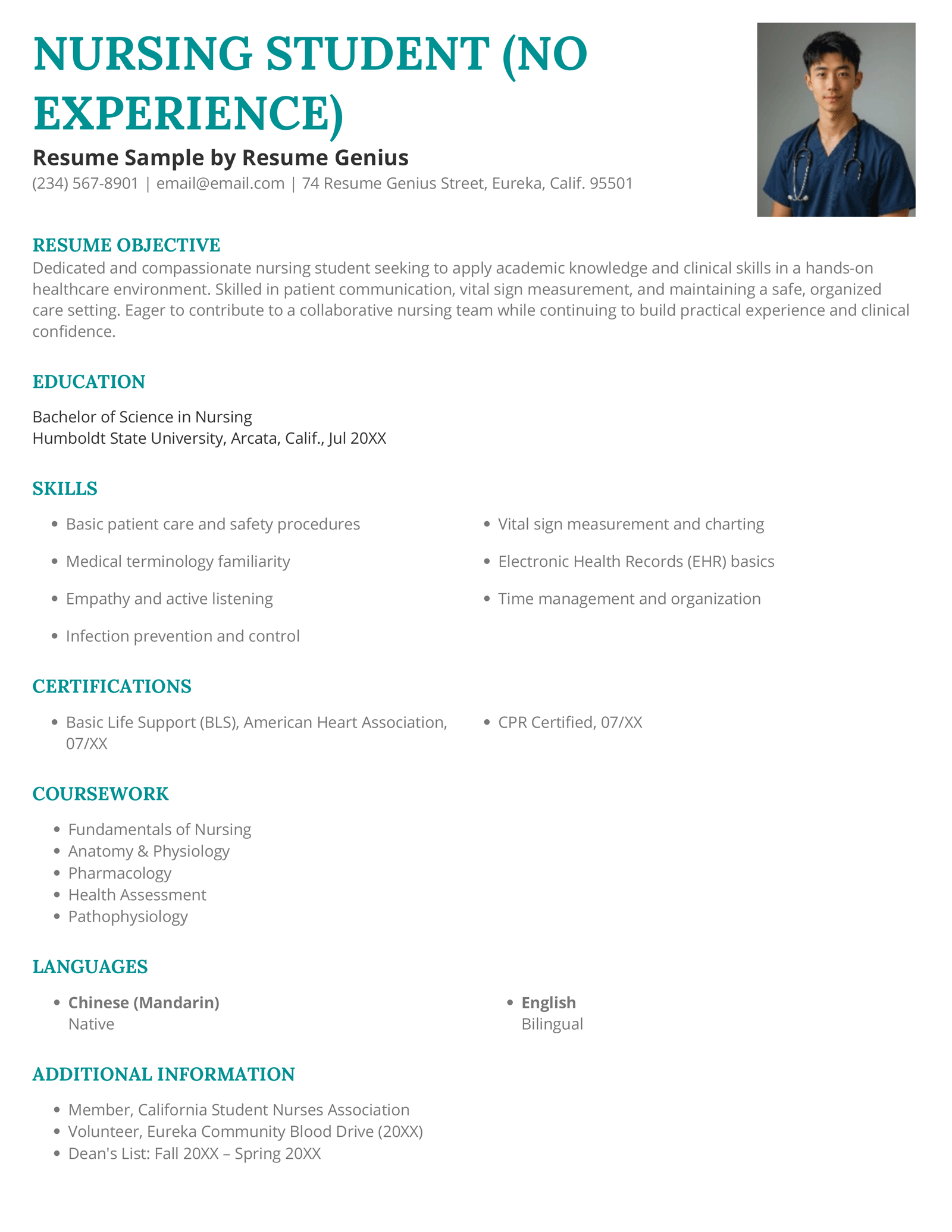 A resume for a nursing student with no experience.