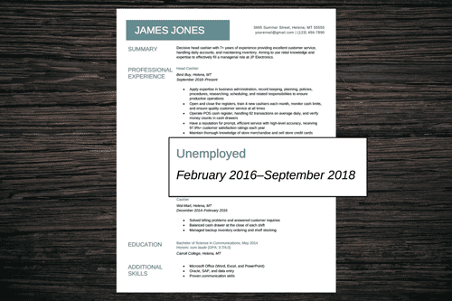 An image of a resume with a period of unemployment highlighted to illustrate the resume gaps concept