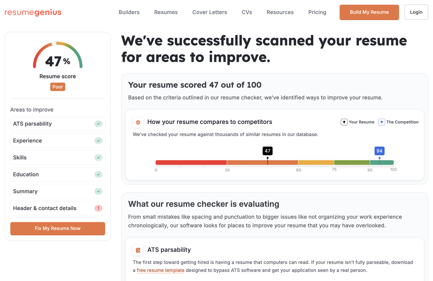 A screenshot of the results page from the Resume Genius ATS resume checker.