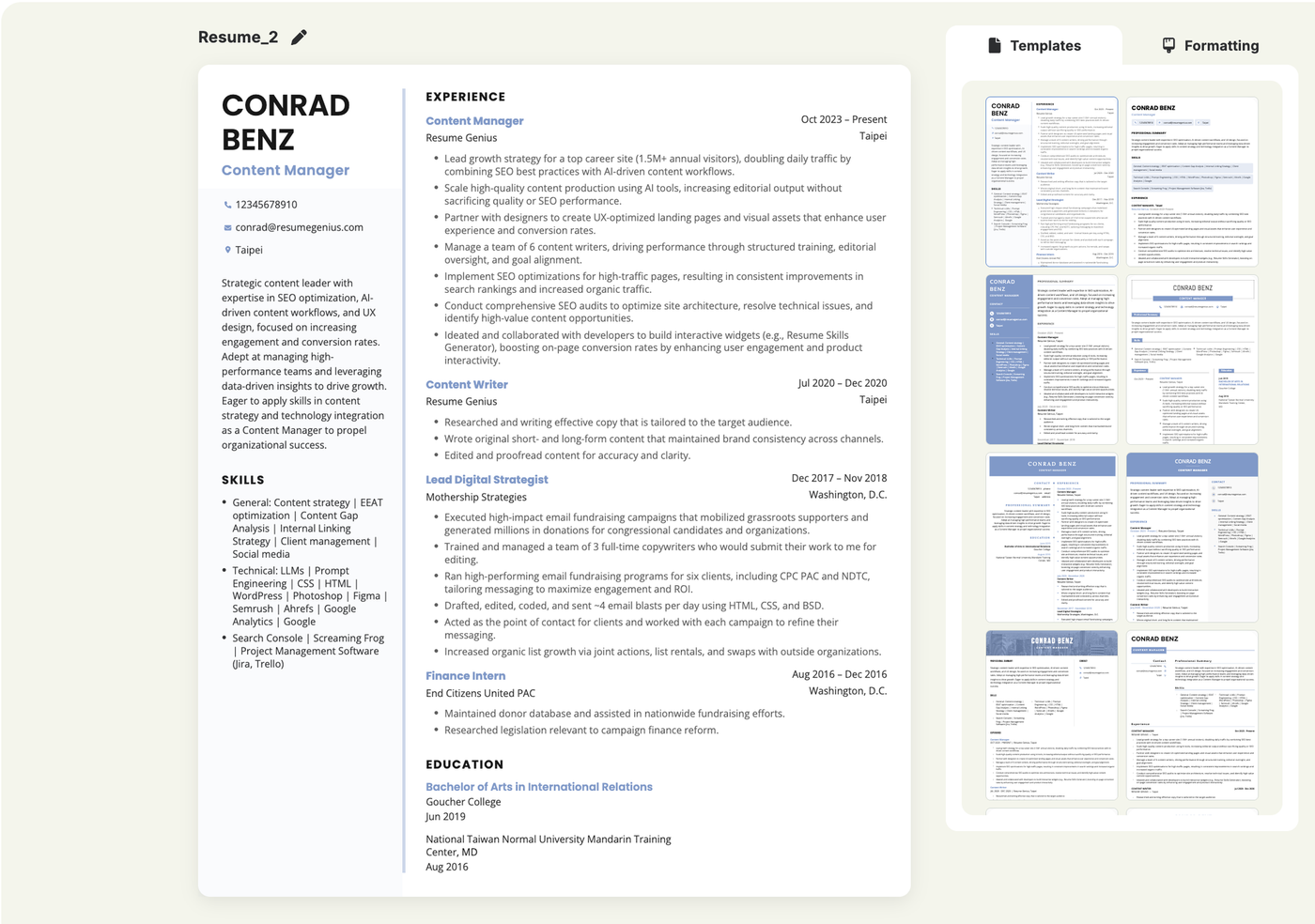Screenshot from the template selection screen of the Resume Genius builder