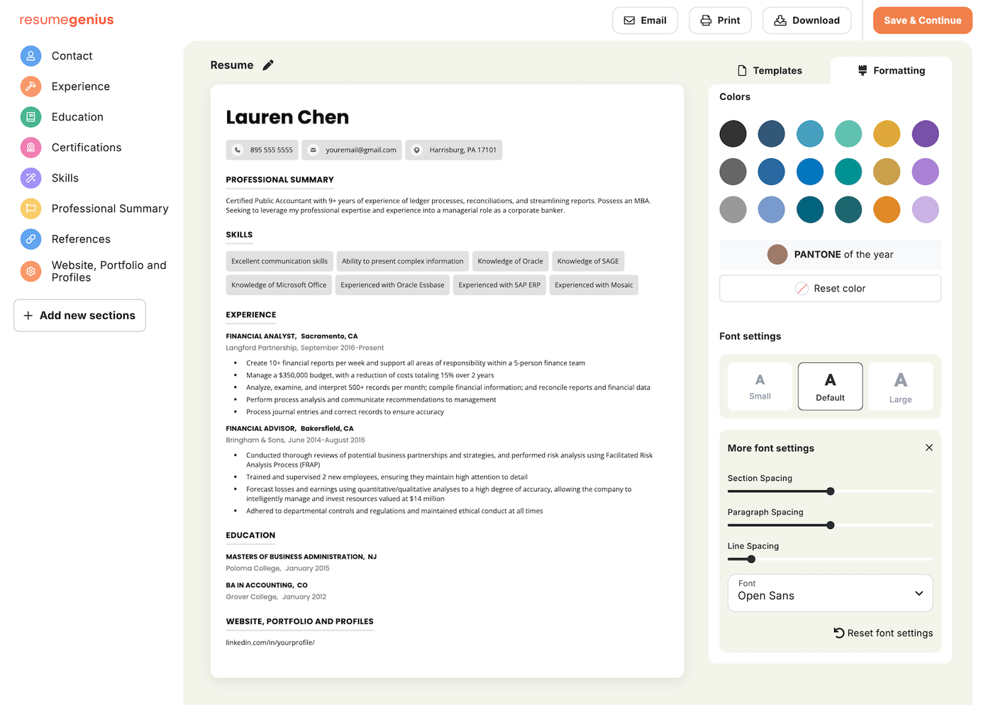 A screenshot of the Resume Genius resume builder.
